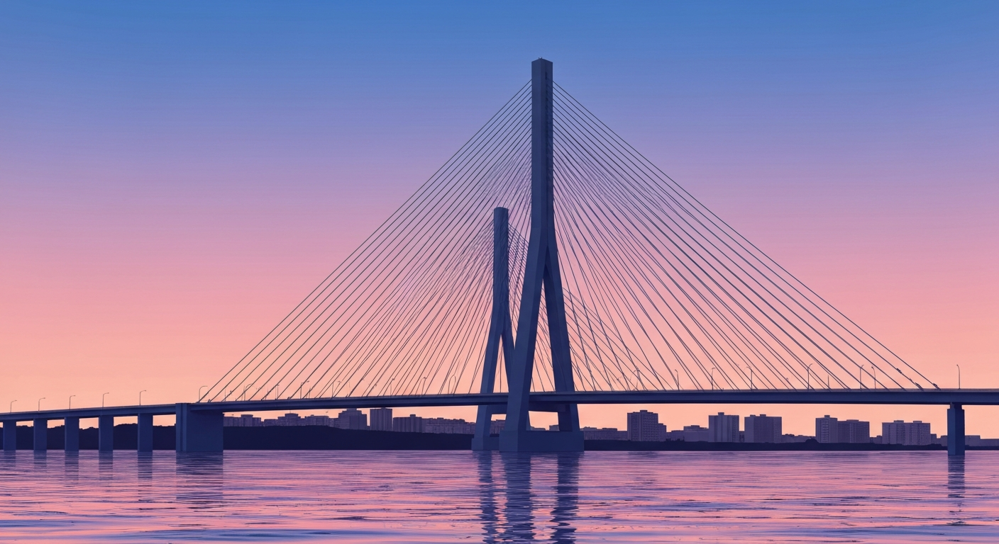 A highly stylized, geometric illustration depicting the grand scale and sweeping lines of the Joshua Chamberlain Bridge, conveying the monumental nature of the upcoming infrastructure project.