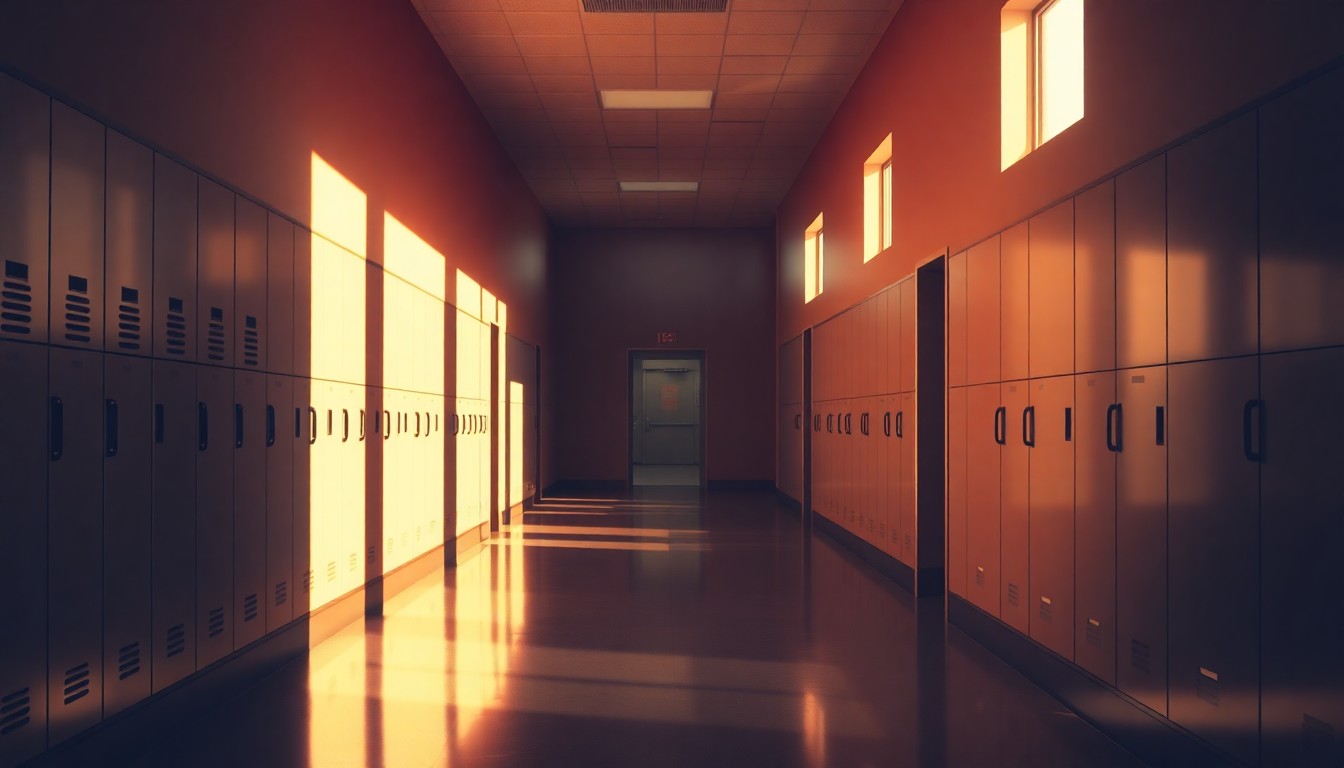 A quiet, cinematic painting of a solitary school locker in a dimly lit hallway, with warm, diagonal sunlight and deep shadows, conceptually representing the political conflict over transgender student rights.