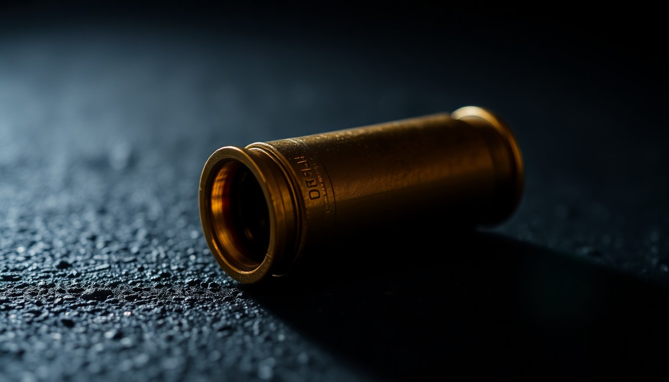 An extreme close-up photograph of a spent shell casing on a dark, textured surface, lit by a harsh, direct camera flash, conceptually representing the physical evidence collected at a crime scene.