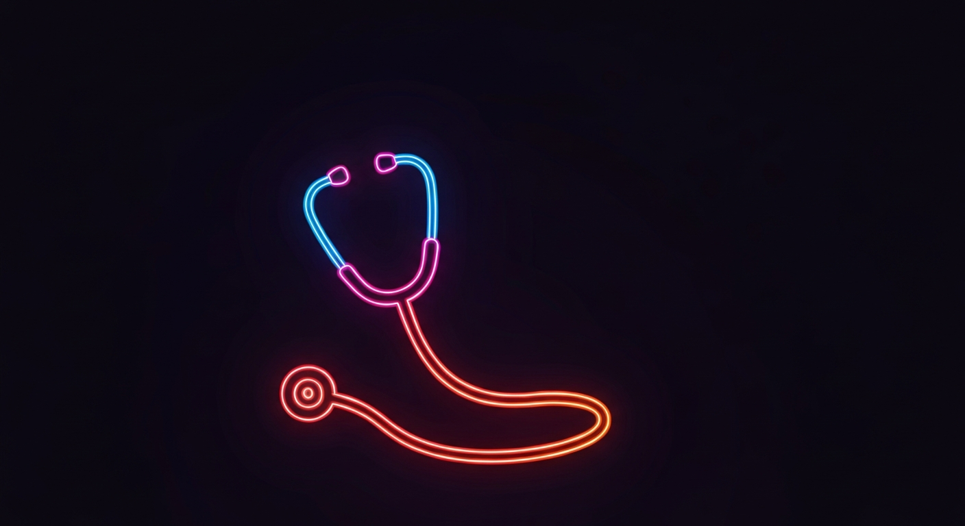 A glowing neon outline of a medical stethoscope against a dark background, conceptually representing the essential role of healthcare governance.