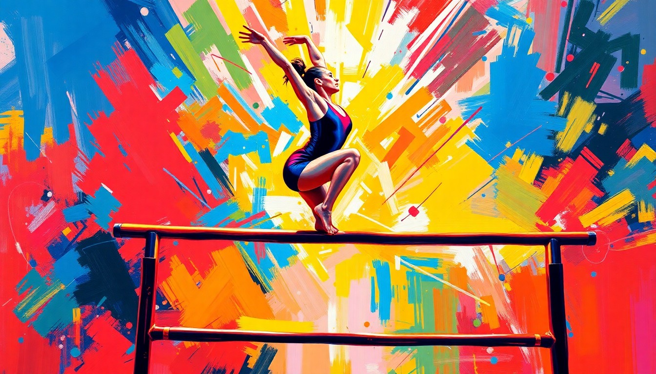 An abstract, energetic painting featuring bold brushstrokes in neon shades of pink, blue, and yellow, capturing the dynamic motion and grace of a gymnast performing on the uneven bars.