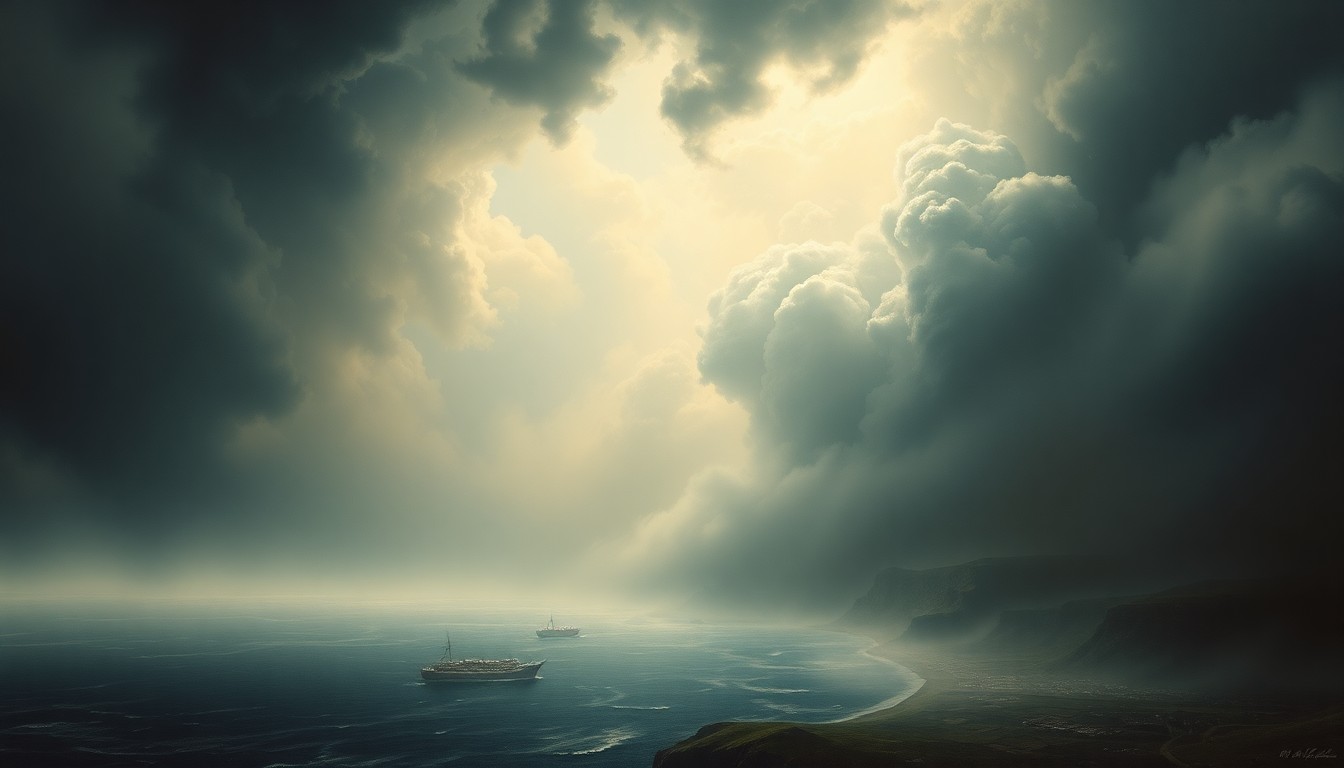 A sweeping, atmospheric landscape painting in muted tones of gray, blue, and green, depicting a dramatic coastal scene with towering storm clouds and heavy fog obscuring the horizon, conveying the overwhelming power and scale of an approaching weather system.