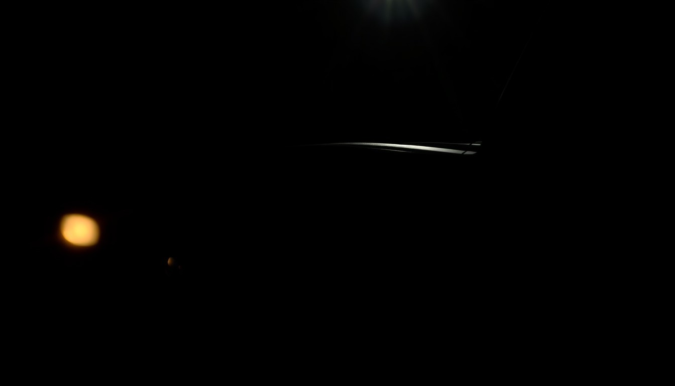 An extreme close-up photograph of a police car door handle, lit by a harsh, direct camera flash against a pitch-black background, creating a stark, gritty, investigative aesthetic.