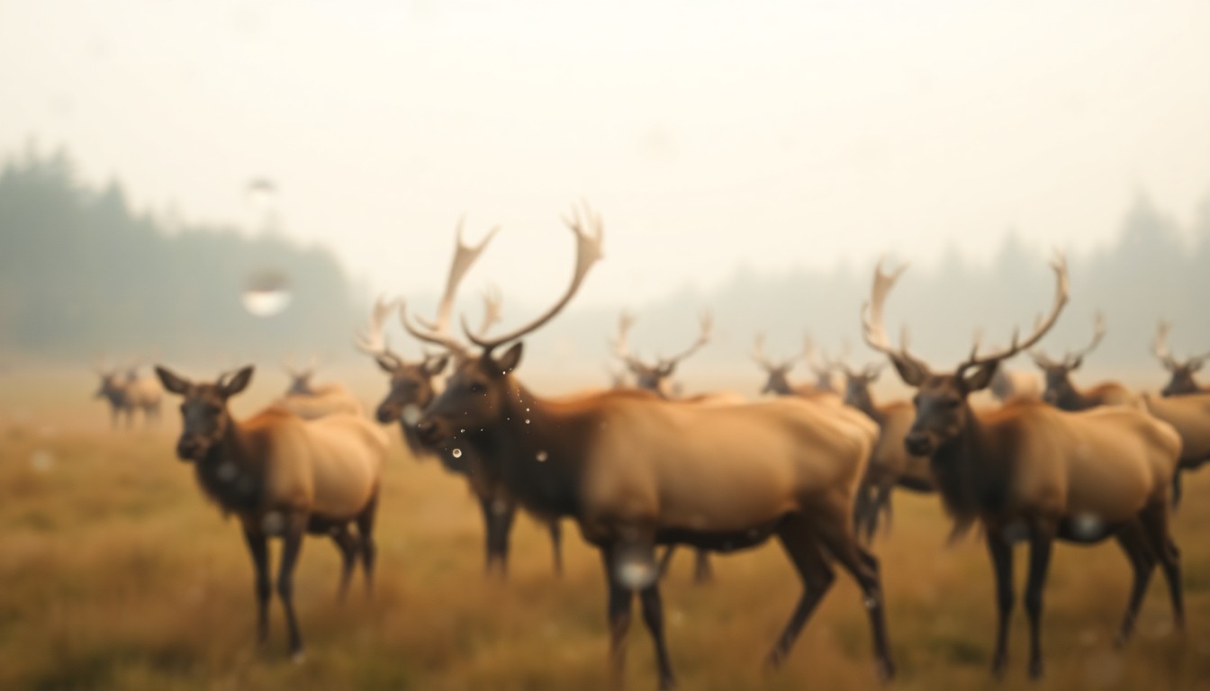 An impressionistic, blurred image of a herd of elk in a natural setting, conveying the sense of movement and the delicate balance between wildlife and urban development.