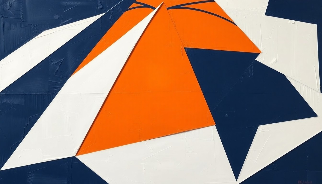 A fractured, cubist-style painting depicting the dynamic movements and energy of a women's basketball game, with sharp geometric shapes and planes in vibrant shades of orange, blue, and white.