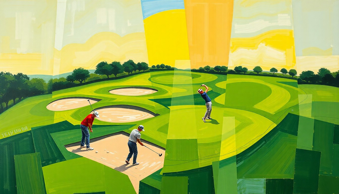 A fragmented, geometric painting depicting the various elements of a golf course and players in motion, with no recognizable faces or identifiable details.