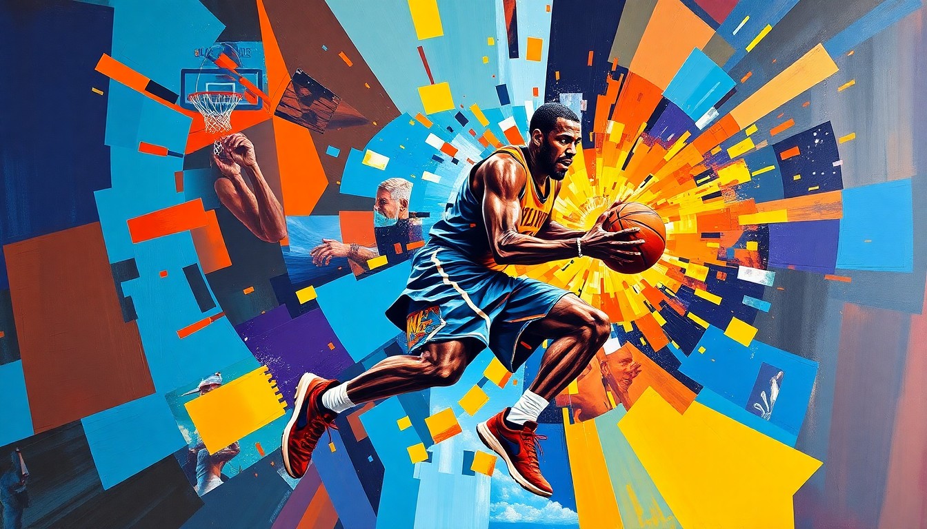 A cubist, geometric painting depicting the explosive movements and injuries of a basketball player, with sharp planes of color and overlapping perspectives conveying the dynamic nature of the sport.