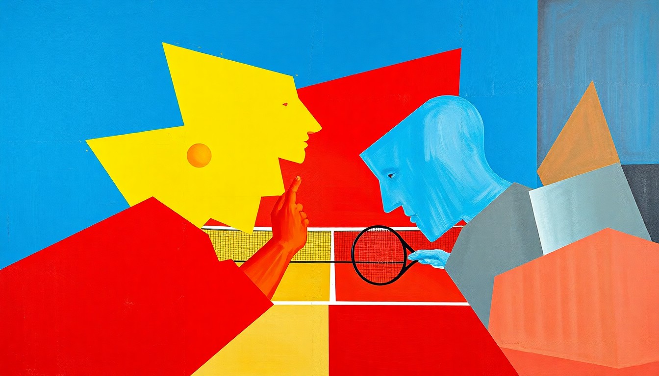 A cubist, geometric painting depicting the dynamic energy and movement of a tennis match, with overlapping planes of color and form representing the two players in action.