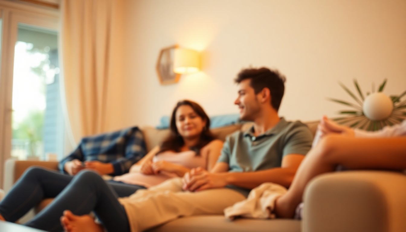 A softly blurred, out-of-focus photograph in warm, muted tones depicting a cozy, domestic scene of a young adult relaxing at home with their parents, conceptually representing the trend of young Californians remaining in the family home for longer.
