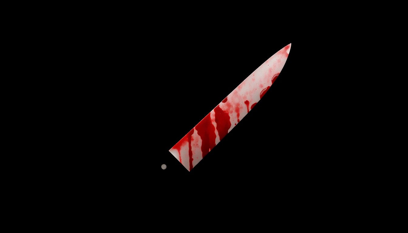 An extreme close-up photograph of a single bloodied knife against a pitch-black background, conveying the stark, gritty, and investigative nature of this violent crime.