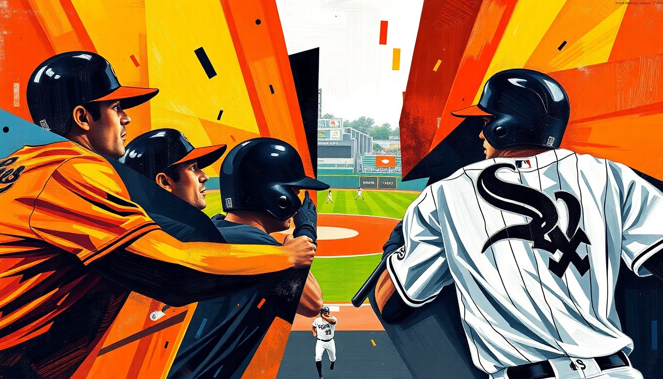 A cubist-style painting featuring overlapping geometric shapes and planes in the colors of the Orioles and White Sox uniforms, capturing the energy and intensity of the close baseball game between the two teams.