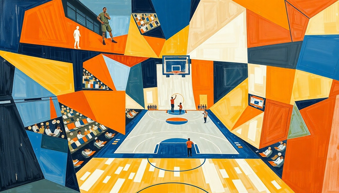 A cubist, geometric painting depicting a fragmented, multi-angled view of a college basketball game, with sharp planes of orange, blue, and white representing the energy and intensity of the sport.
