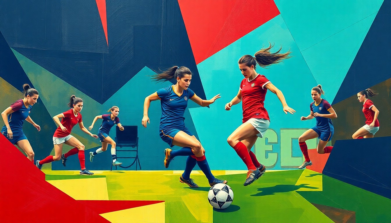 A fragmented, geometric painting depicting the fluid movements and competitive energy of a women's soccer match, with players and the ball represented through sharp, overlapping shapes in a bold color scheme.