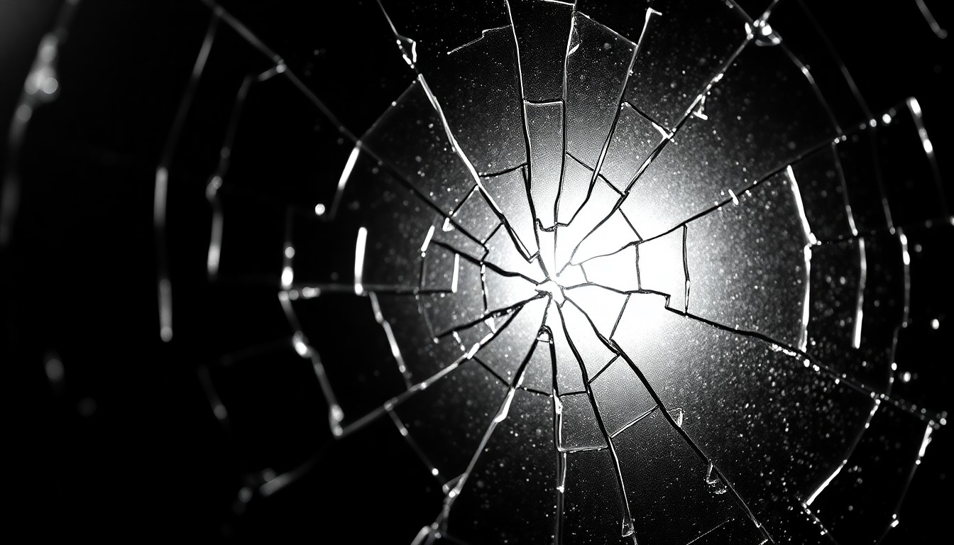 An extreme close-up of a shattered glass texture, capturing the gritty, high-contrast aesthetic of the street-level Marvel Cinematic Universe.