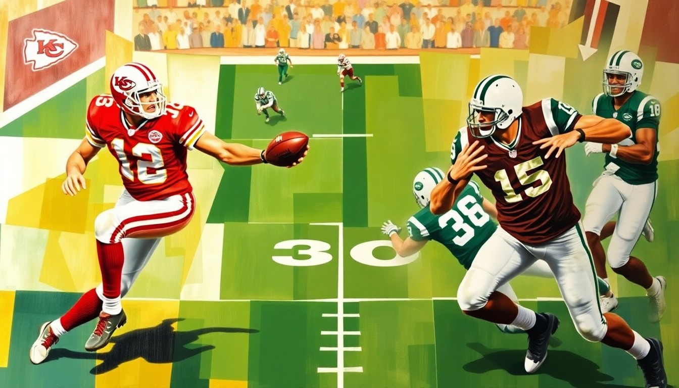 A fractured, cubist-style painting depicting a football game between the Kansas City Chiefs and New York Jets, with the players' uniforms and movements broken down into sharp, overlapping geometric shapes and planes in a vibrant color palette.