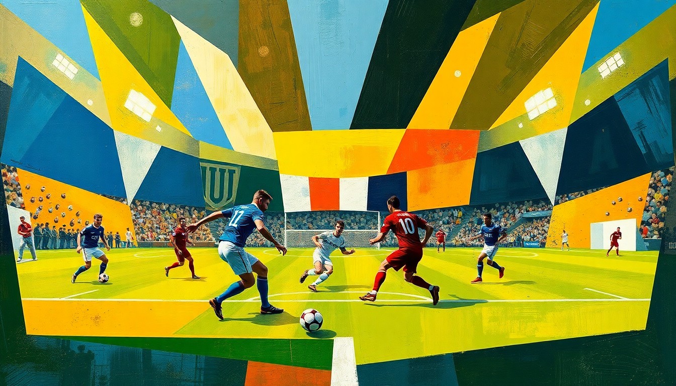 A cubist, geometric painting depicting a football game or match, with players and the field broken down into abstract shapes and planes of color, capturing the dynamic energy and shifting perspectives of the sport.