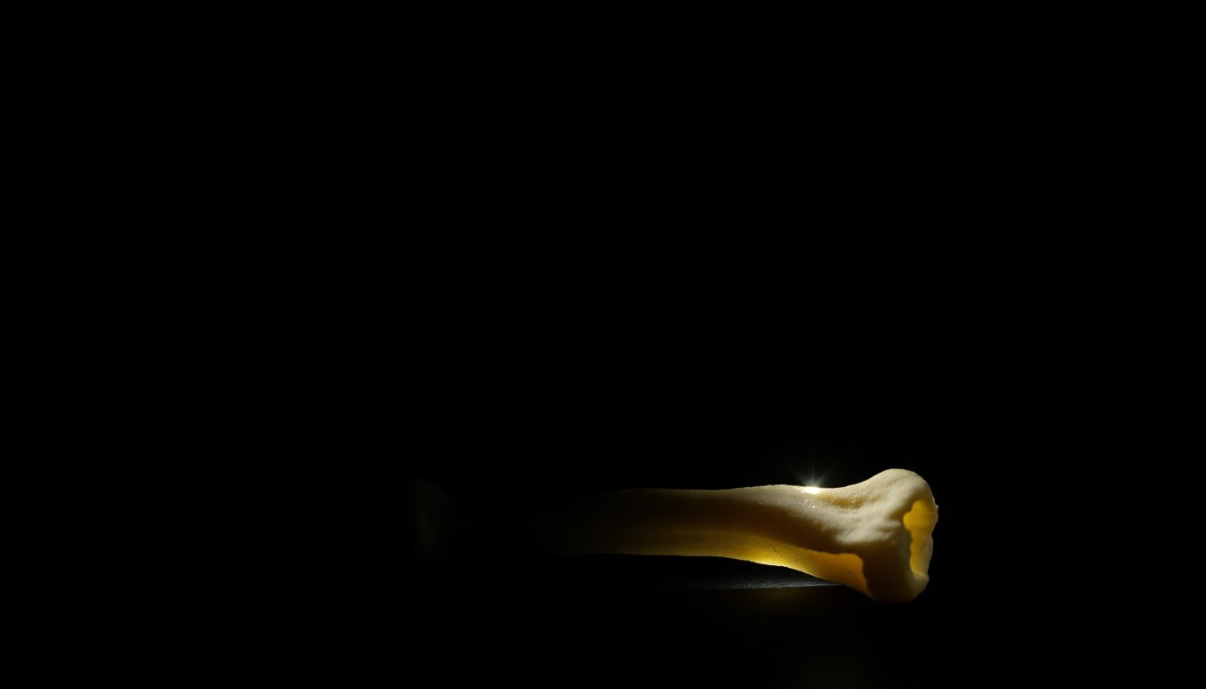 An extreme close-up photograph of a single bone fragment or piece of evidence related to the crime scene, lit by a harsh, direct camera flash against a pitch-black background, creating a stark, gritty, investigative aesthetic.