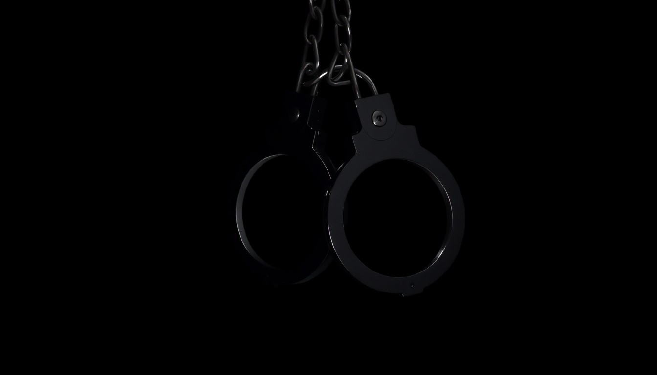 An extreme close-up photograph of a pair of handcuffs against a pitch-black background, lit by a harsh, direct camera flash, conceptually representing the swift action taken by law enforcement to apprehend and prosecute those who seek to exploit children.