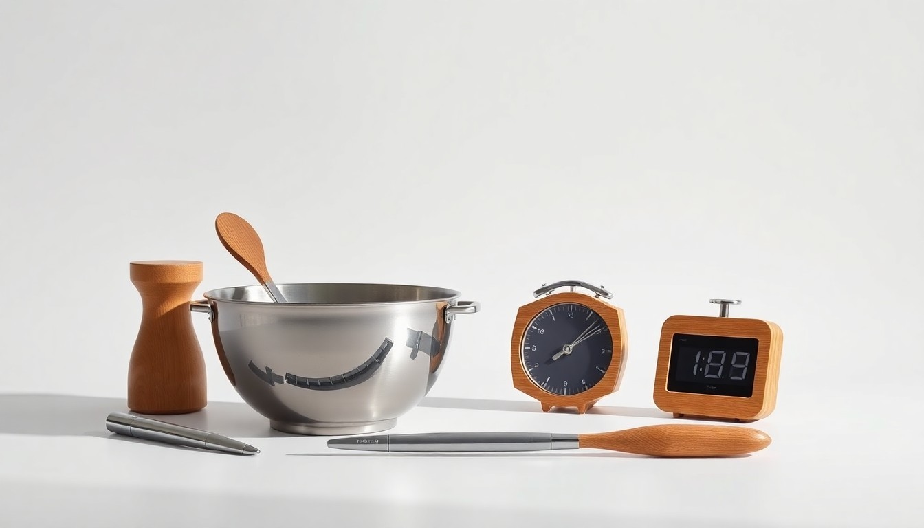 A high-end, photorealistic studio still-life photograph featuring a clean, monochromatic background with a carefully arranged set of polished, geometric kitchen objects such as a stainless steel mixing bowl, a set of wooden cooking utensils, and a sleek kitchen timer. The objects are lit dramatically with sharp shadows, conceptually representing the precision and craftsmanship of Riverbend Kitchens' work.