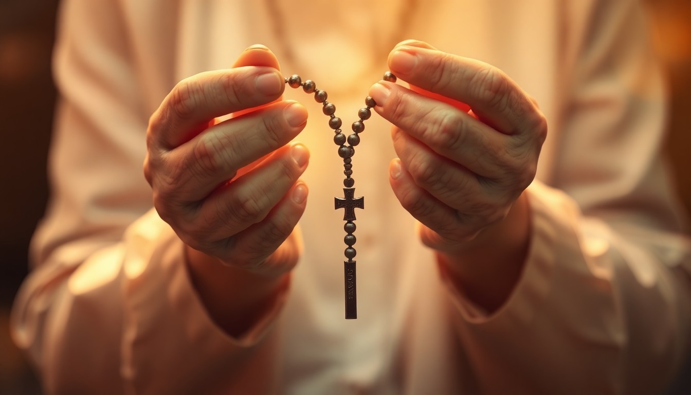 An abstract, impressionistic photograph of an elderly woman's hands holding a rosary, blurred in a warm, glowing haze of soft color and light, conveying a sense of reverence and the fading of a life well-lived.