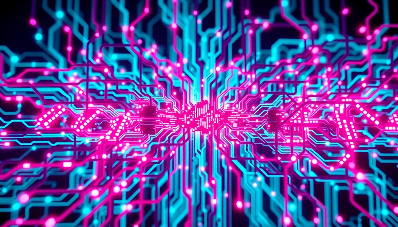 A highly detailed, glowing 3D illustration of a complex network of interconnected circuits, wires, and data streams in shades of neon cyan and magenta, conceptually representing the powerful and potentially dangerous infrastructure of AI technology.
