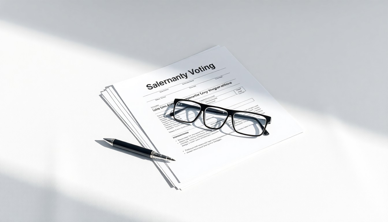 A high-end studio still life photograph featuring a stack of corporate proxy voting materials, a pen, and a pair of reading glasses arranged elegantly on a clean, white background with dramatic lighting and shadows.
