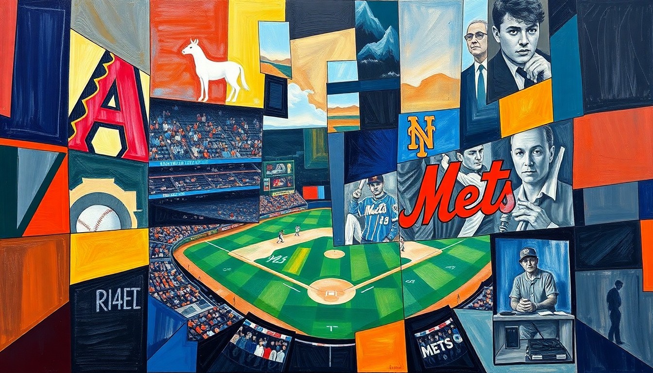 A fractured, multi-perspective painting featuring sharp, overlapping geometric planes in shades of blue, green, and orange, conceptually representing the intensity of a baseball game between the Arizona Diamondbacks and New York Mets.