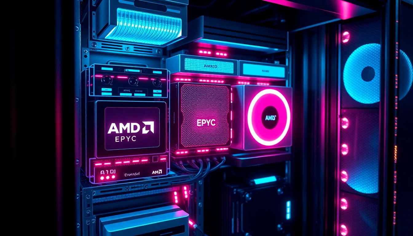 A highly detailed, glowing 3D illustration of the internal components of a powerful server rack, including AMD EPYC processors, NVMe solid-state drives, and other high-performance hardware elements, all bathed in a vibrant, neon-like color palette of cyan, magenta, and electric blue.