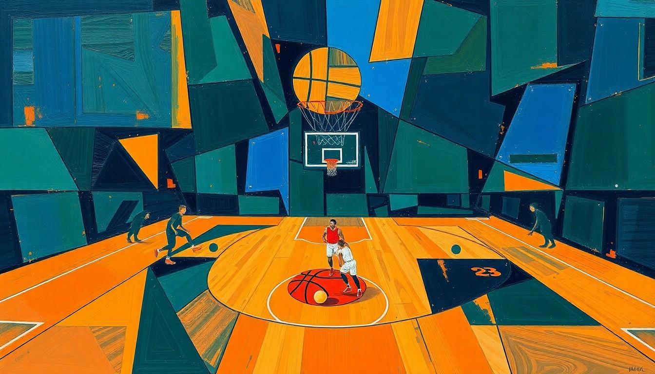 A cubist-style painting featuring overlapping geometric shapes in navy, green, and orange, conceptually representing the uncertainty surrounding a star player's future with their team.