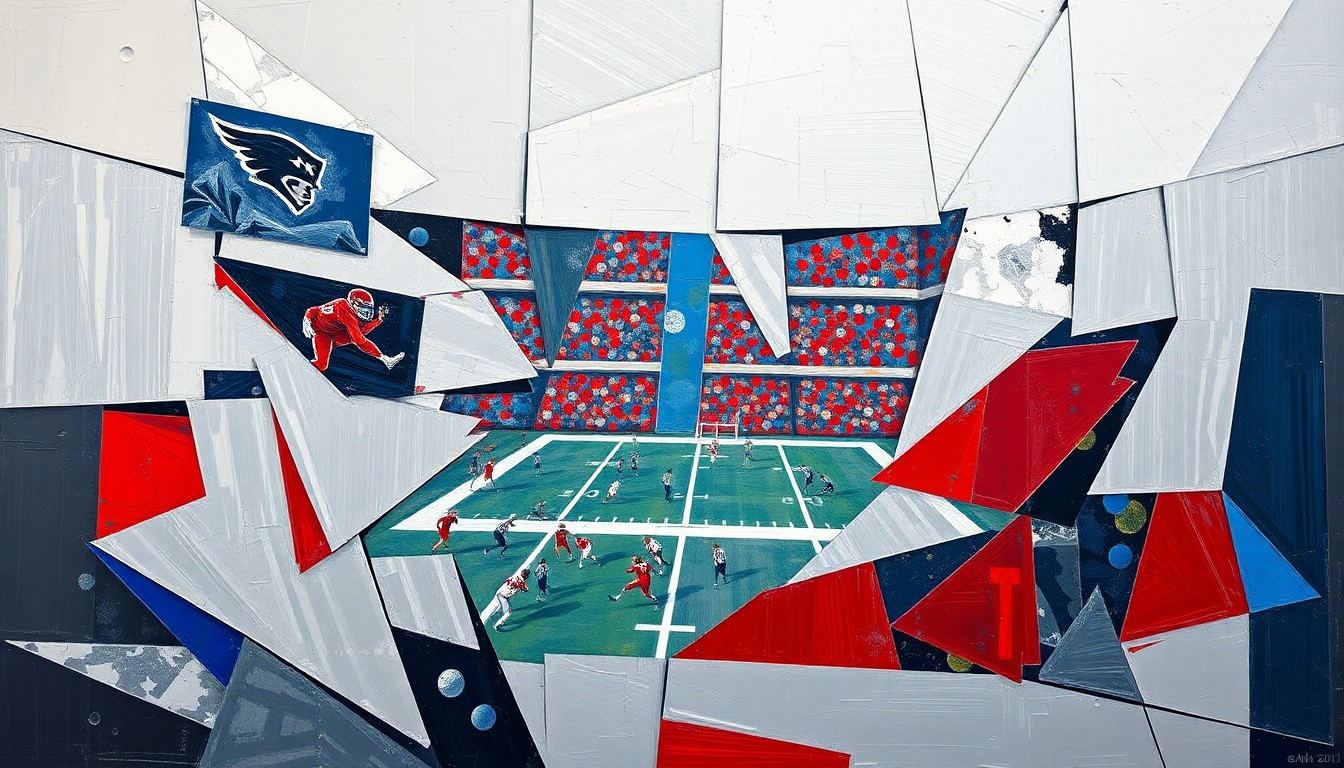 A cubist-style painting depicting a fragmented football game scene, with sharp geometric shapes in metallic silver, navy blue, and crimson red tones, conveying the strategic planning behind the Raiders' quarterback situation.