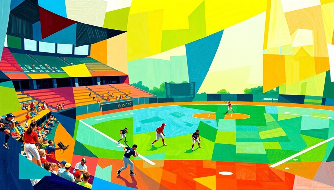 A fragmented, geometric painting depicting the dynamic movements and energy of a high school softball game, with sharp planes of bright colors representing the players, field, and equipment.