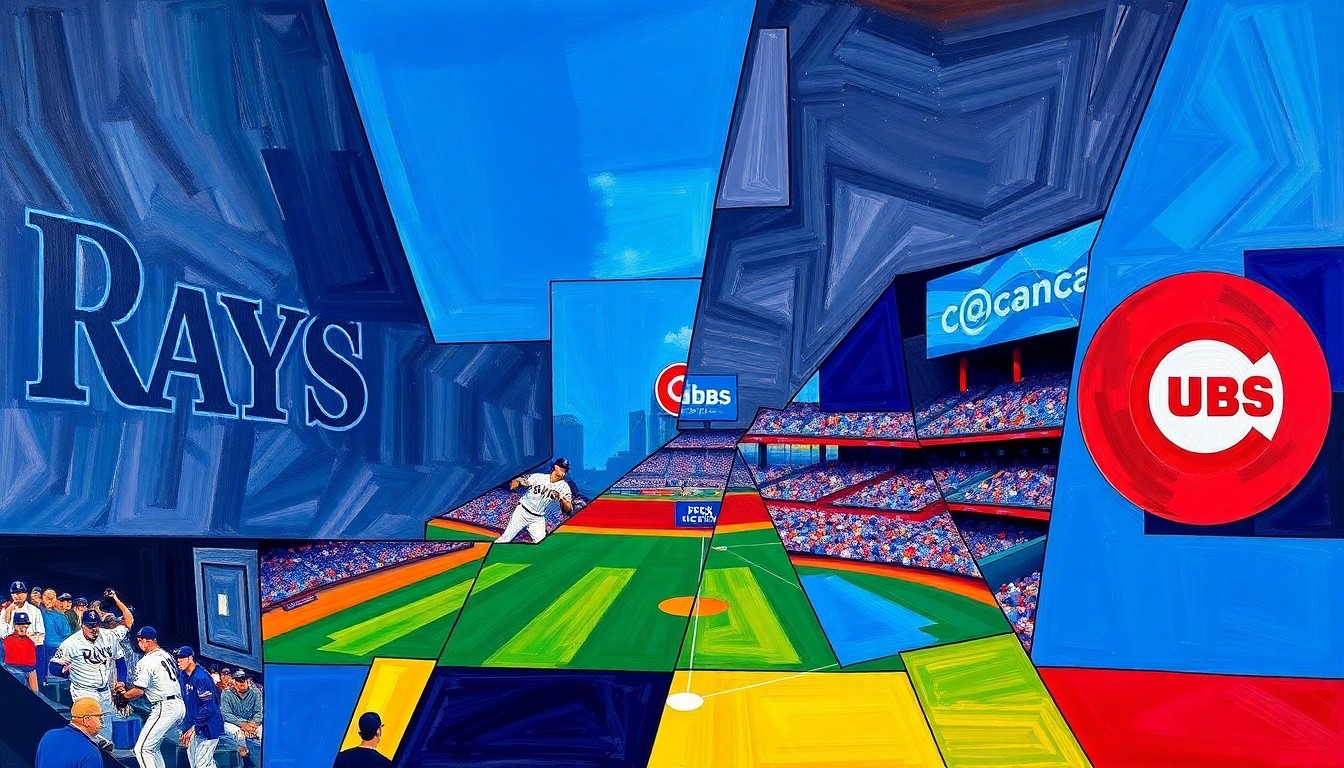 A cubist, geometric painting depicting a baseball game between the Tampa Bay Rays and Chicago Cubs, with the players and field fragmented into sharp, overlapping planes of vibrant blue, red, and white colors.