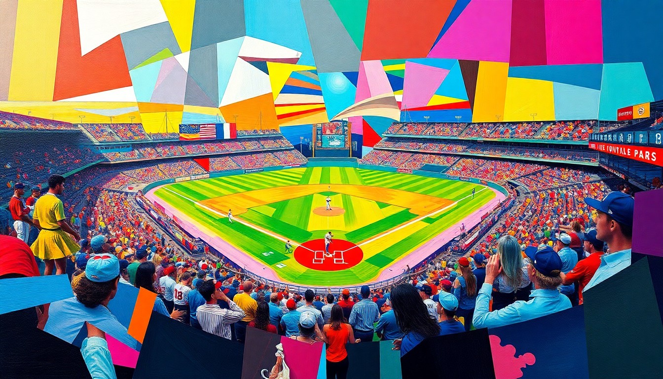A fragmented, geometric painting in vibrant colors depicting the action and energy of a college baseball game, with sharp overlapping planes representing the raw passion and high stakes involved.