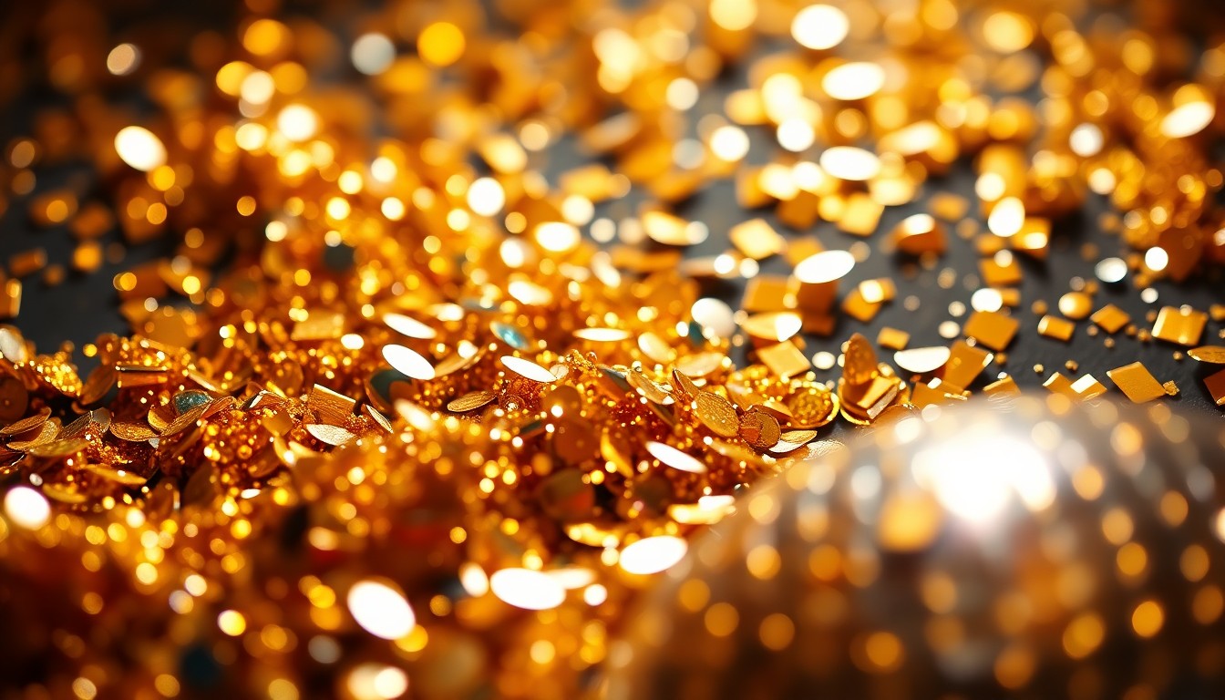 An extreme close-up photograph of shimmering gold sequins and reflective disco ball fragments, capturing the luxurious textures and high-energy atmosphere of a Latin music concert stage.
