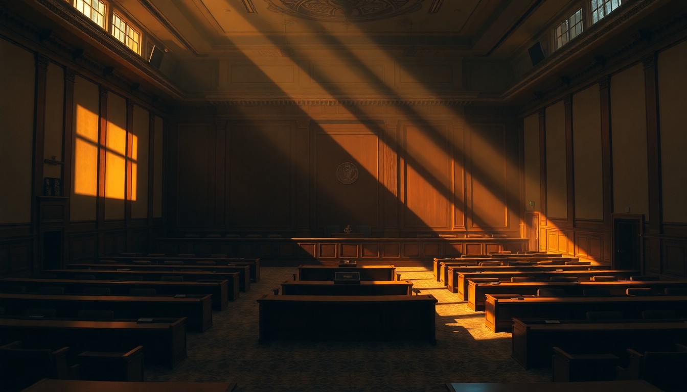 A quiet, cinematic painting of an empty city council chamber with warm, diagonal sunlight and deep shadows, conceptually representing the political disillusionment surrounding this case.