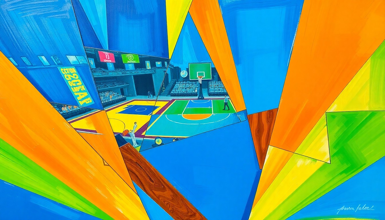 A fragmented, geometric painting depicting the dynamic action and intensity of a college basketball championship game and an NBA matchup, with sharp, overlapping planes of vibrant blue, orange, and green hues.