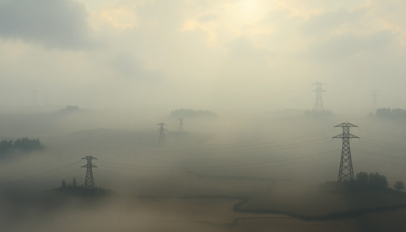 A vast, atmospheric landscape painting in muted tones of grey and blue, depicting a desolate power grid stretching into the distance, with only a few faint silhouettes of electrical towers visible through the heavy fog, conveying a sense of the overwhelming scale and power of the natural world.