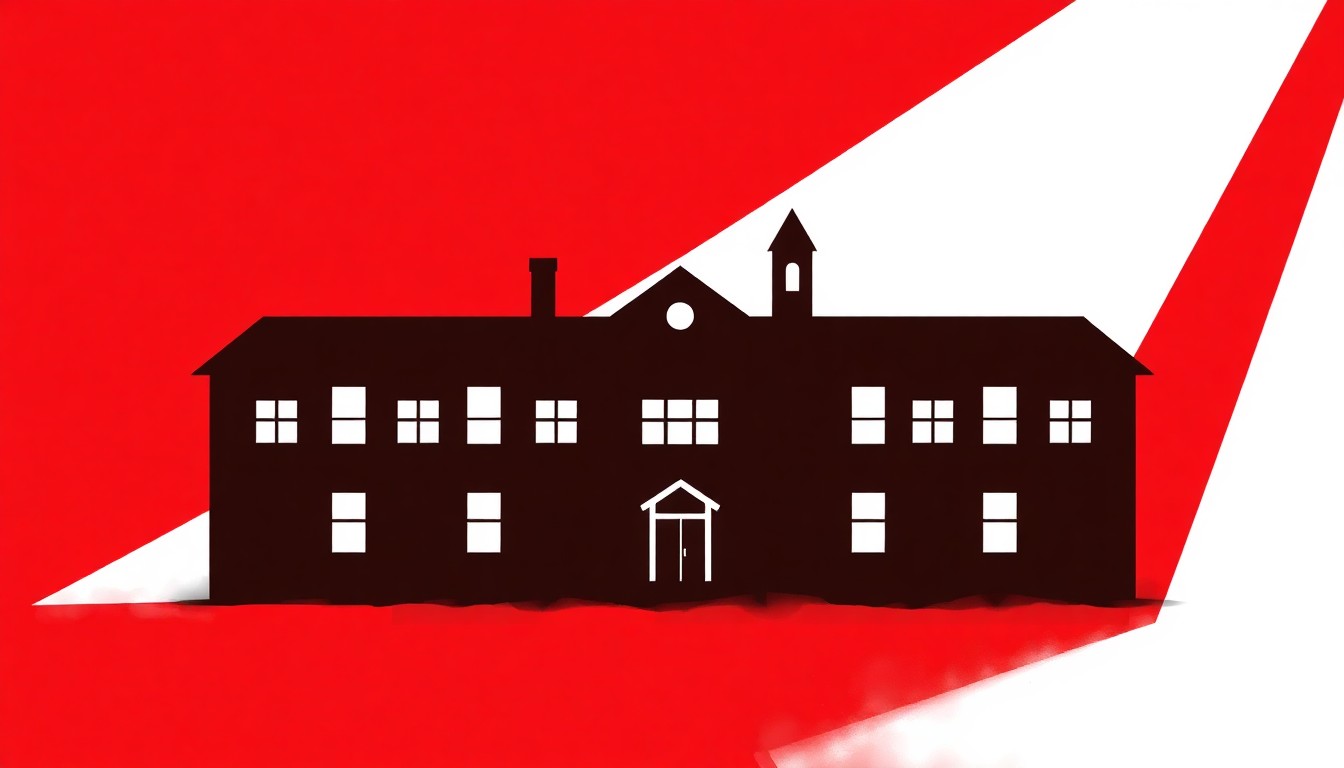 An abstract composition of stark black silhouettes representing a school building, set against a high-contrast background of bold red and white geometric shapes, conveying the sensitive nature of the film's subject matter.