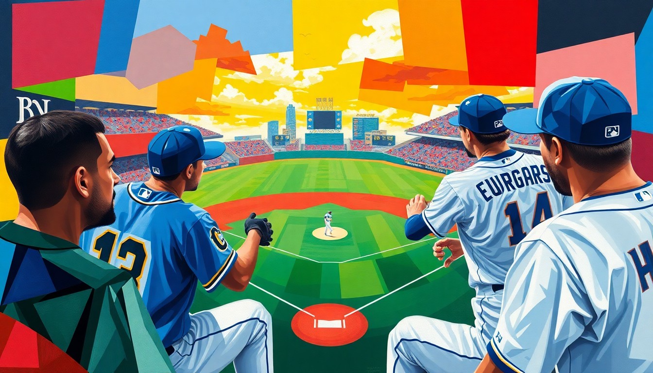 A cubist-style painting featuring overlapping geometric shapes and planes in the colors of the Guardians and Royals uniforms, capturing the dynamic action and energy of a baseball game.