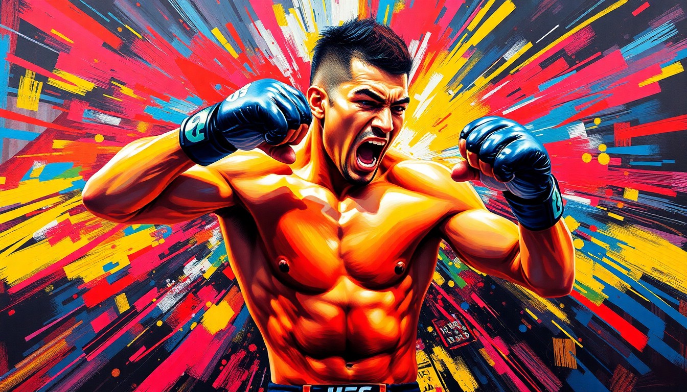 An abstract, energetic painting featuring bold brushstrokes and neon colors that capture the raw power and movement of a UFC fighter, conveying the dynamic spirit of the sport.