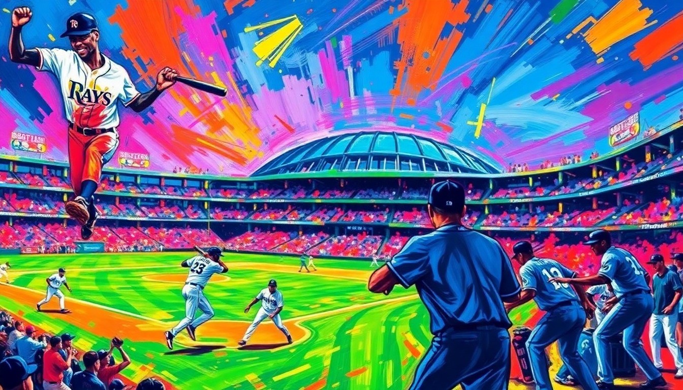 A dynamic, abstract painting in the style of LeRoy Neiman, featuring bold brushstrokes and neon colors that capture the energy and excitement of the Tampa Bay Rays' return to their home stadium after Hurricane Milton. The painting depicts abstracted baseball players in action, with the iconic Tropicana Field dome structure visible in the background.