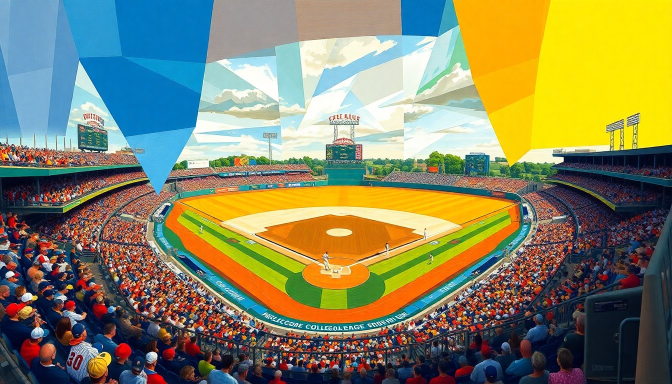 A cubist, geometric painting depicting a fragmented college baseball game, with players, field, and crowd reduced to overlapping planes of vibrant colors.