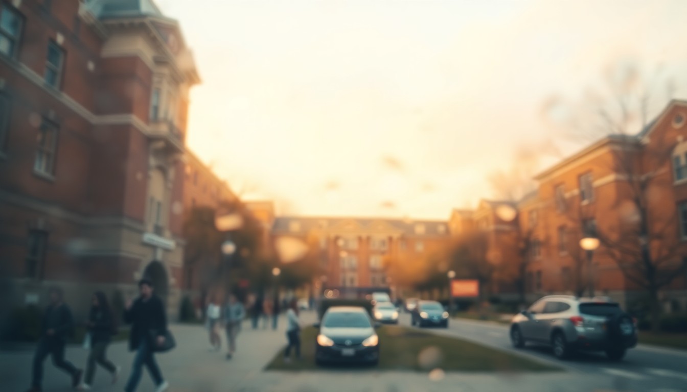 An abstract, impressionistic scene of a university campus with blurred figures of people walking and vehicles passing, captured in a soft, hazy wash of warm colors and diffused light.