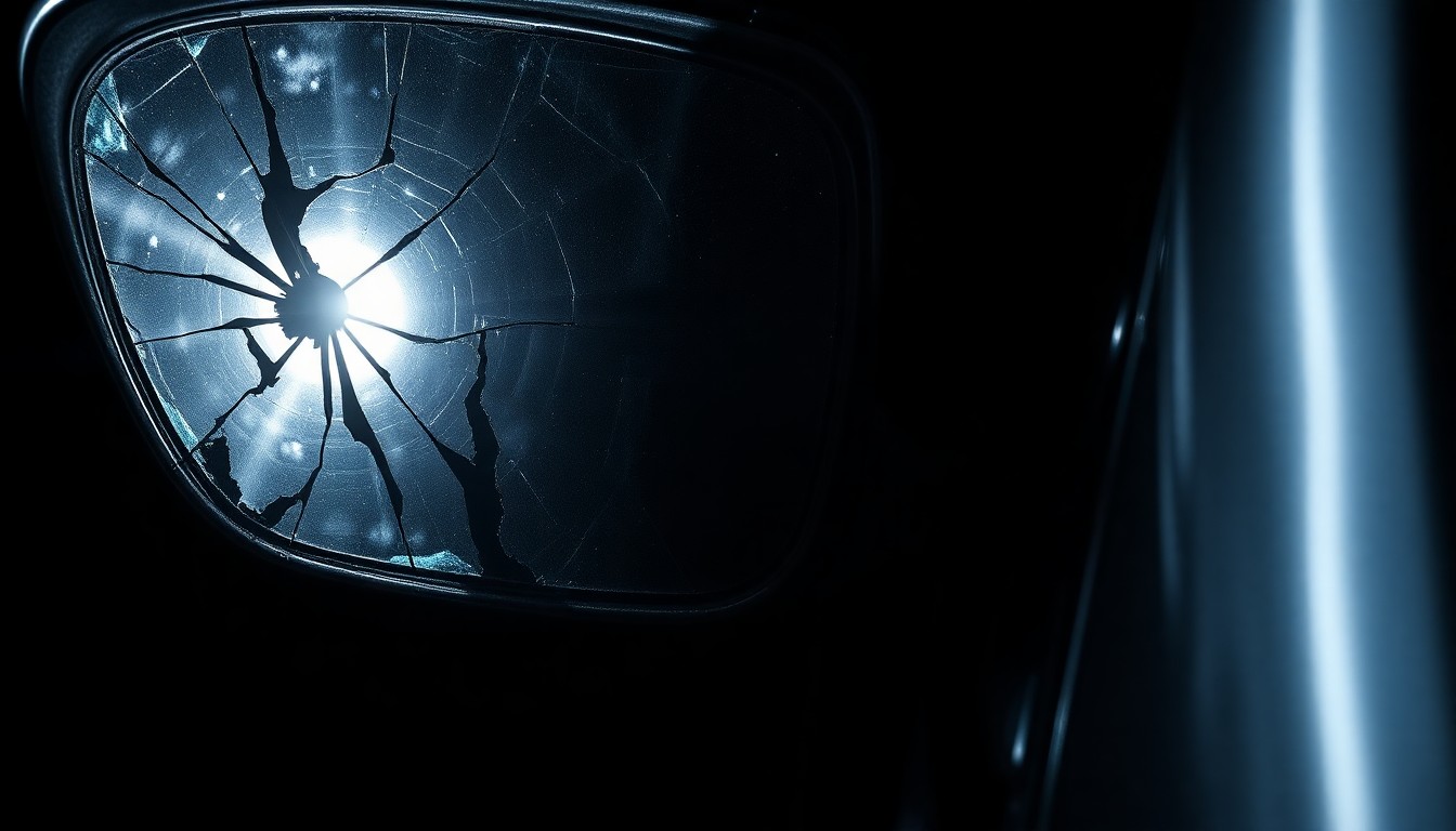 An extreme close-up photograph of a damaged car part, such as a broken side mirror or cracked windshield, lit by a harsh, direct camera flash against a pitch-black background, conveying a stark, gritty, and investigative aesthetic.