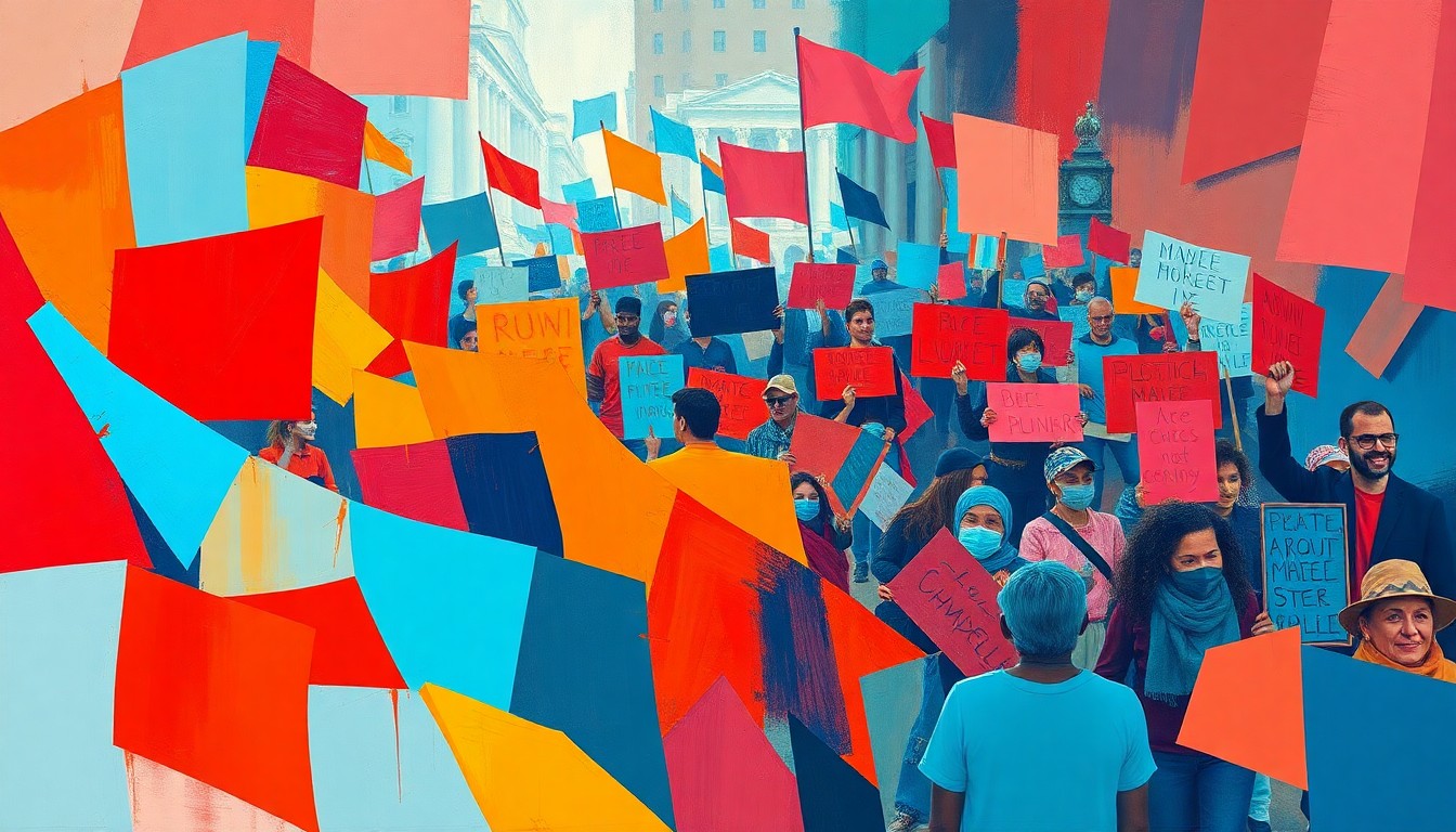 A dynamic, abstract painting featuring overlapping geometric shapes and brushstrokes in bold, vibrant colors, conceptually representing the energy and momentum of a political protest.