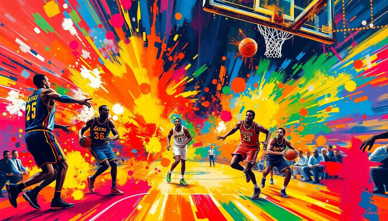 An abstract, energetic painting in neon colors depicting the frenetic motion and energy of an NBA basketball game, with players' forms and the ball dissolving into vibrant brushstrokes.