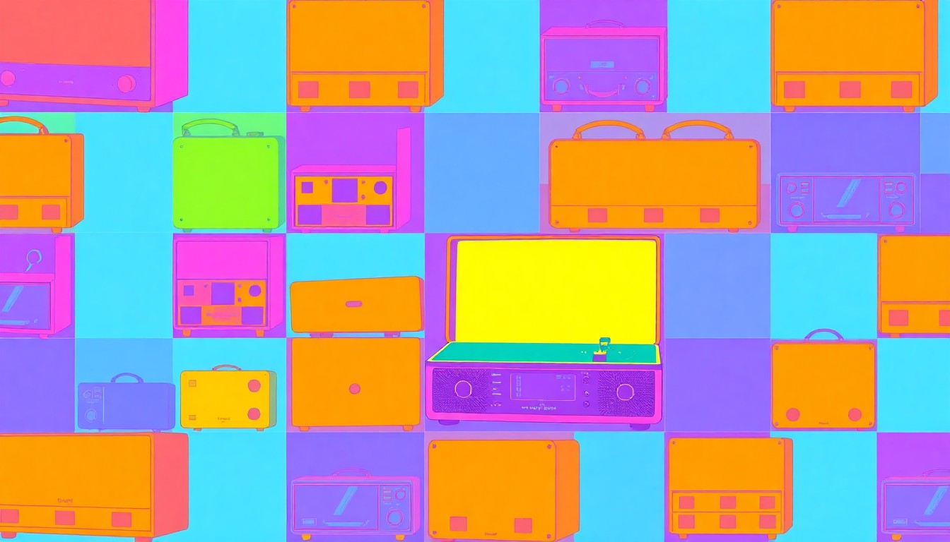 A brightly colored, high-contrast silkscreen print of a vintage record player repeated in a tight grid pattern, conceptually representing the design-forward amenities and curated experiences found at the Cottages at Little Saint.