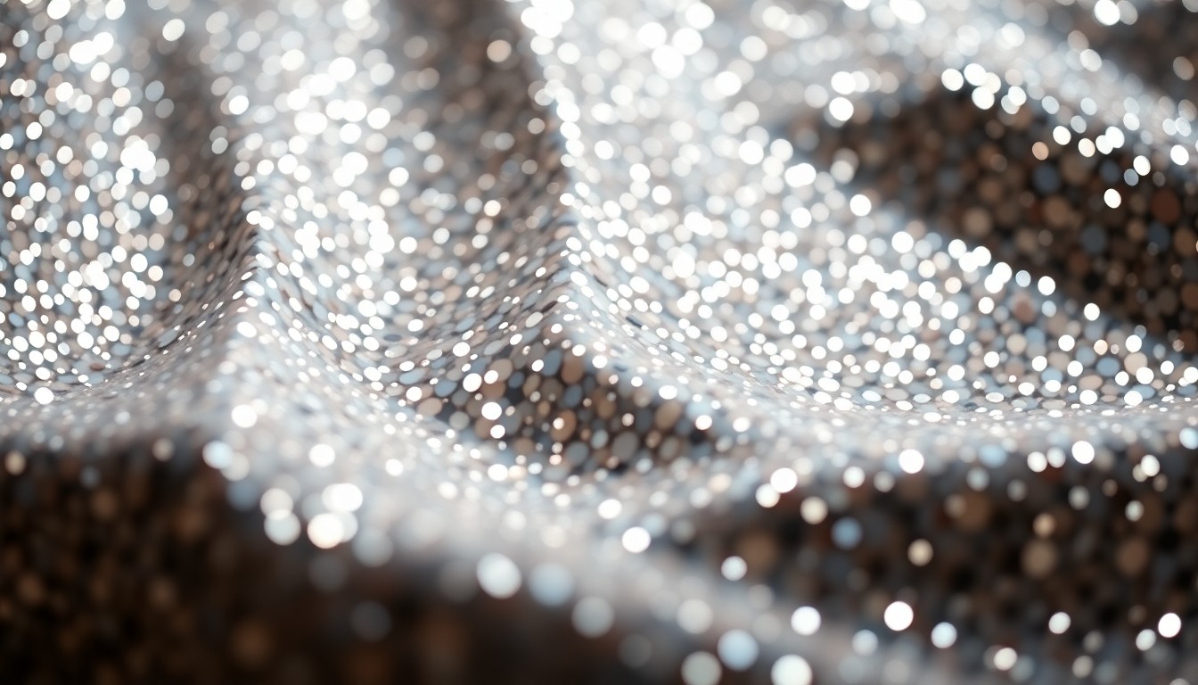 An extreme close-up photograph of shimmering, glittering sequins in high-contrast studio lighting, conveying the glamour and luxury associated with celebrity culture.