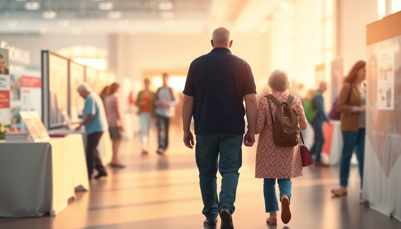 A blurred, impressionistic scene of people moving through a community event, with soft, warm lighting and colors creating a sense of comfort and connection.