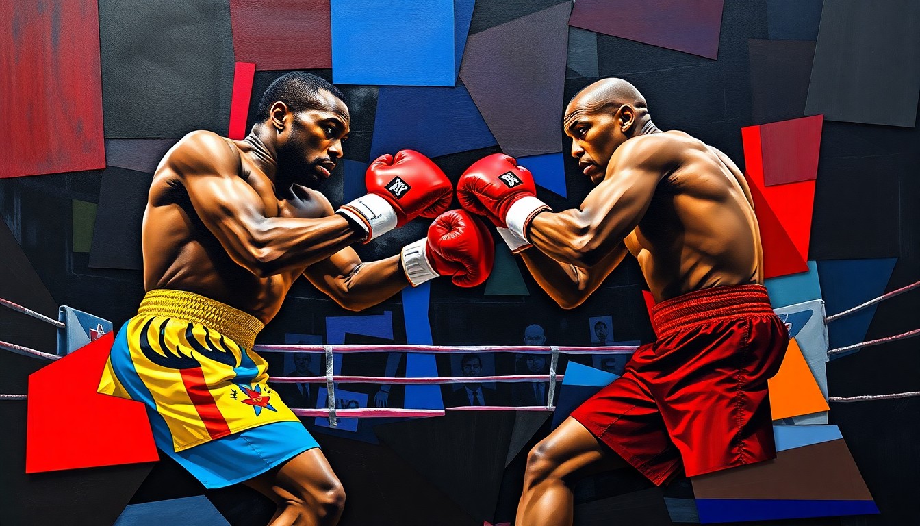 A fragmented, geometric painting depicting a boxing match between two fighters, with sharp planes of color and overlapping perspectives conveying the intensity of the competition.
